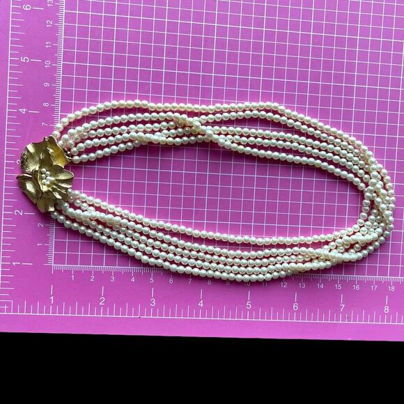 Vintage Crown Trifari Multi Strand Faux Pearl Gold Flower Clasp Necklace 1960s - Picture 8 of 10